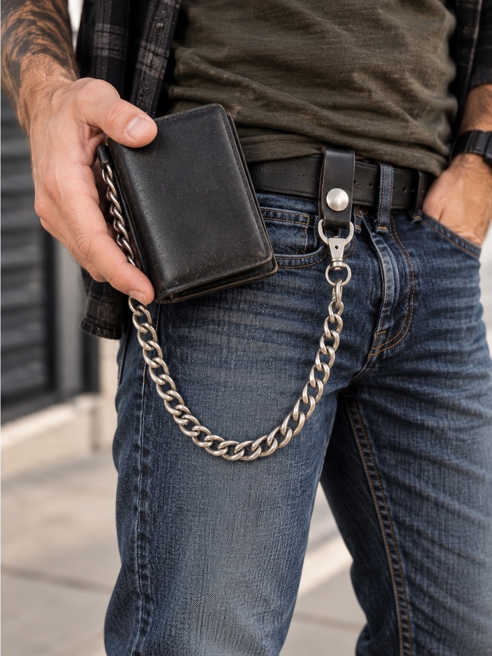 Black Trifold Biker Chain Wallet Snap Belt Loop